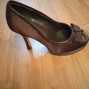 Cinderella of Boston Brown Silk peekaboo platform shoes